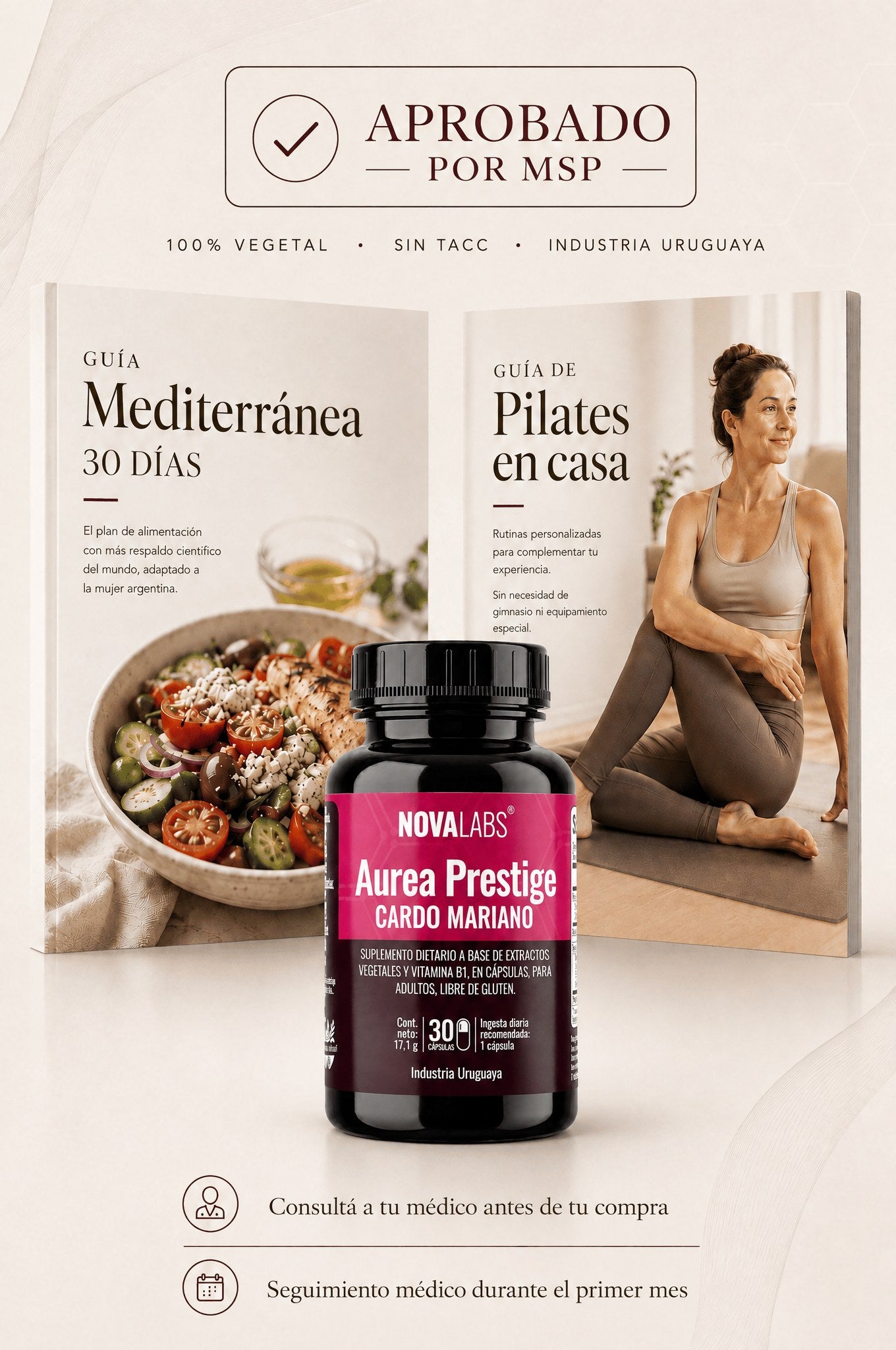 Pack Aurea Prestige: frasco de cápsulas de Cardo Mariano junto a las guías de alimentación mediterránea y pilates en casa